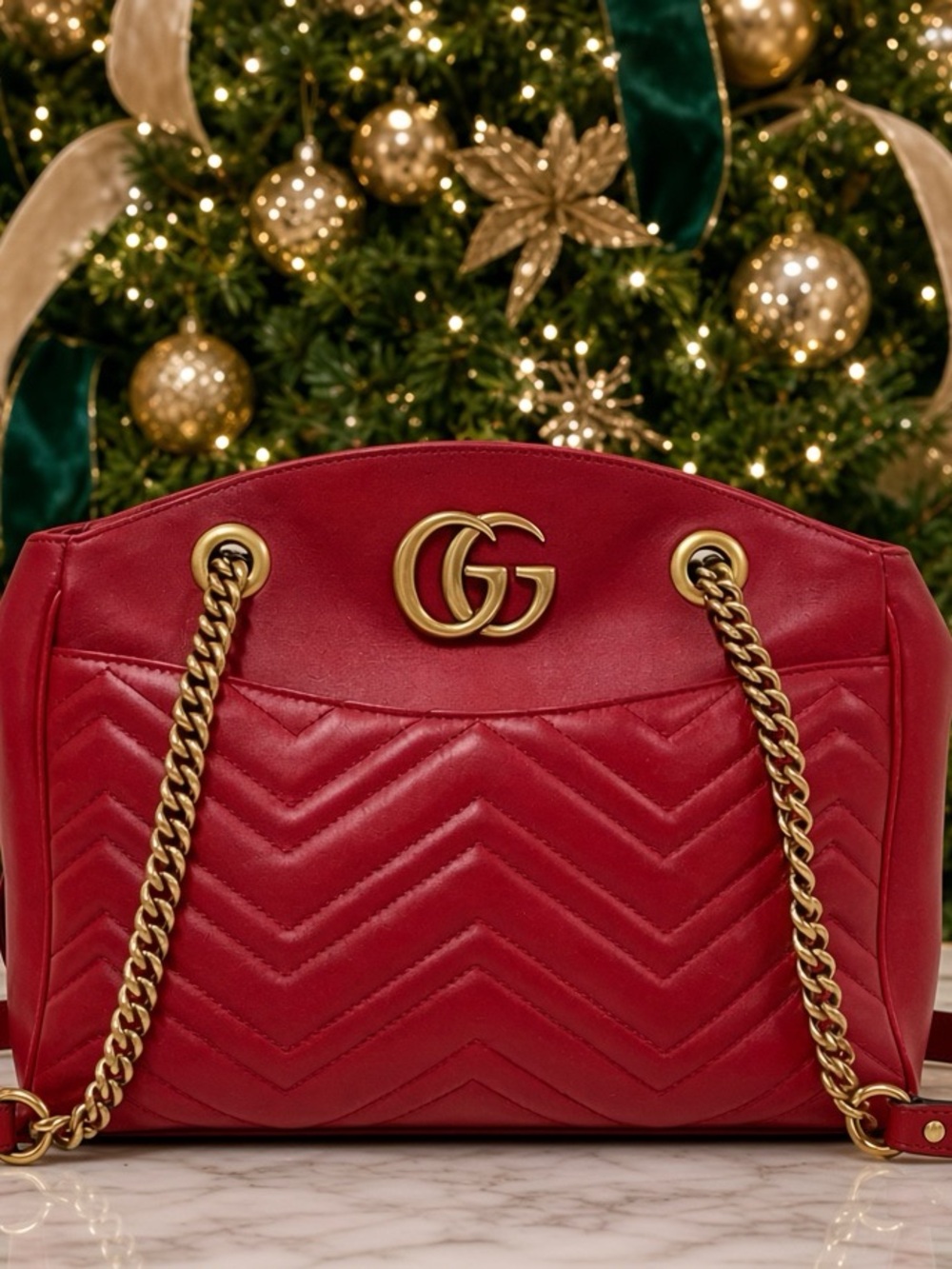 Gucci Red Chevron Double G Leather Shoulder Bag
